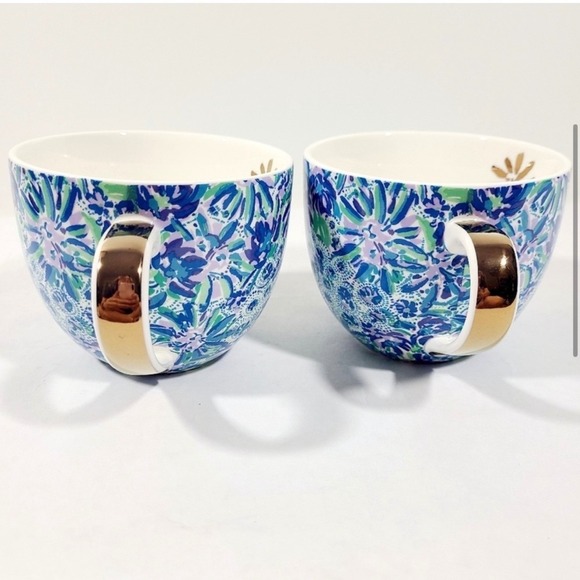 Lilly Pulitzer Ceramic Mugs Set of 2 Blue Floral Paisley Gold Handles 12oz NEW - Picture 4 of 16